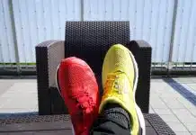 pair of red-and-yellow sneakers